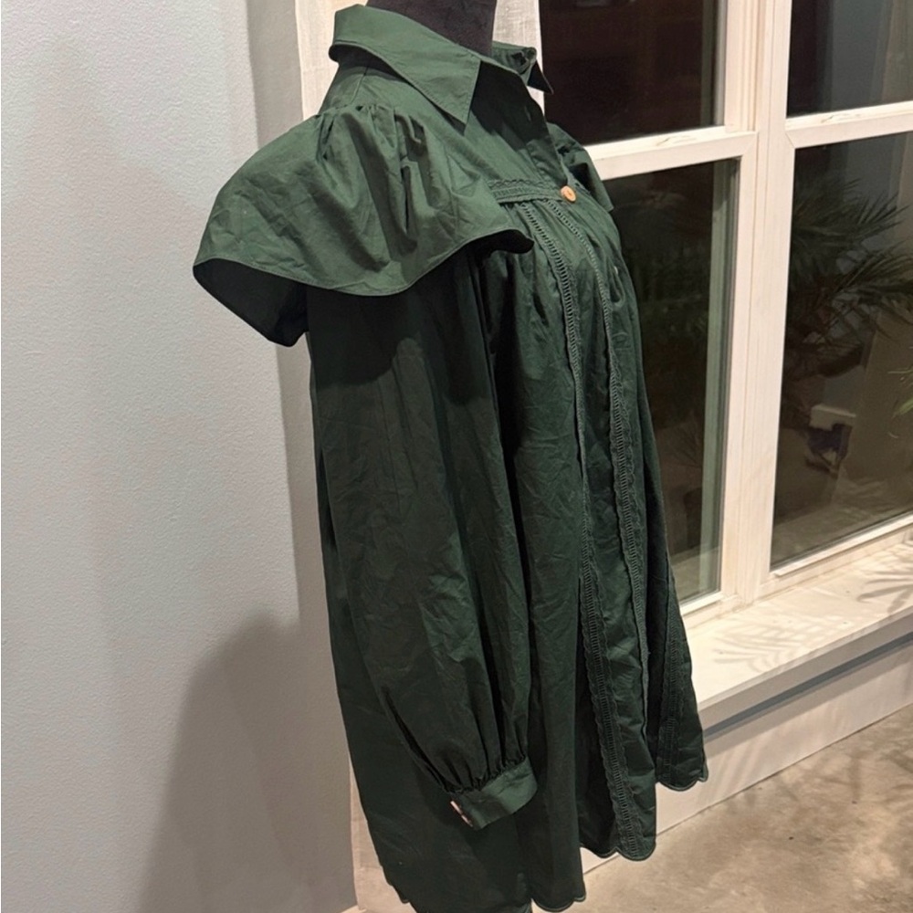 FARM Rio Deep Green Long Puffer Sleeve Wood Button Down Flowy Embroidered Dress - Picture 3 of 12